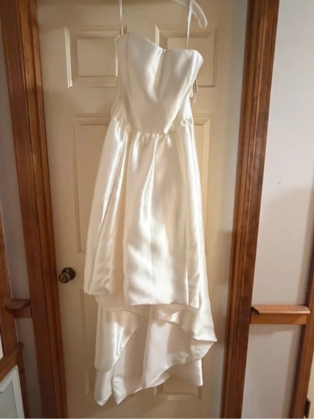 David's Bridal Ivory Satin Strapless High-Low Wedding Gown